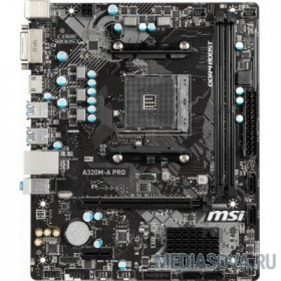 Материнская плата MSI A320M-A PRO  2xDDR4-2400, 1xPCI-Ex16x, 1xPCI-Ex, DVI-D+HDMI, 4xSATA3(RAID 0/1/10), 8 Ch Audio, GLan, (2+4)xUSB2.0, (4+2)xUSB3.1, 2xPS/2, mATX