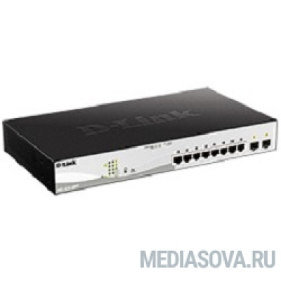  D-Link DGS-1210-10MP/F1A PROJ Настраиваемый коммутатор WebSmart с 8 портами 10/100/1000Base-T и 2 портами 1000Base-X SFP (8 портов с поддержкой PoE 802.3af/802.3at (30 Вт), PoE-бюджет 130 Вт)