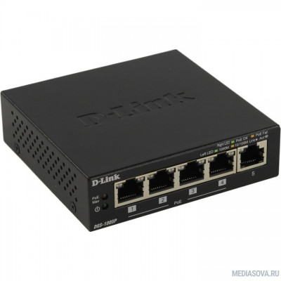  D-Link DGS-1005P/A1A Неуправляемый коммутатор с 5 портами 10/100/1000Base-T, функцией энергосбережения и поддержкой QoS (4 порта с поддержкой PoE 802.3af/802.3at (30 Вт), PoE-бюджет 60 Вт)