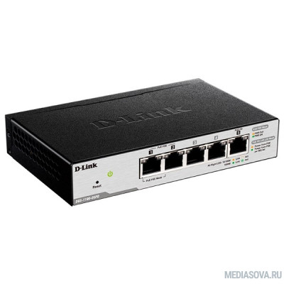  D-Link DGS-1100-05PD/U Настраиваемый коммутатор EasySmart с 5 портами 10/100/1000Base-T (2 порта с поддержкой PoE 802.3af (до 15,4 Вт), PoE-бюджет18 Вт (802.3at) или 8 Вт (802.3af), 1 порт для питания