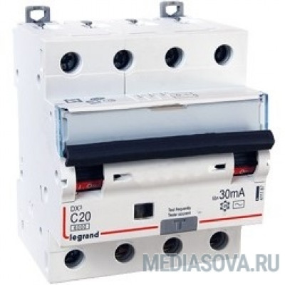 Legrand 411187 Автоматический выключатель дифференциального тока DX? 6000 - 10 кА - тип характеристики С - 4П - 400 В~ - 20 А - тип  A С  - 30 мА - 4 модуля