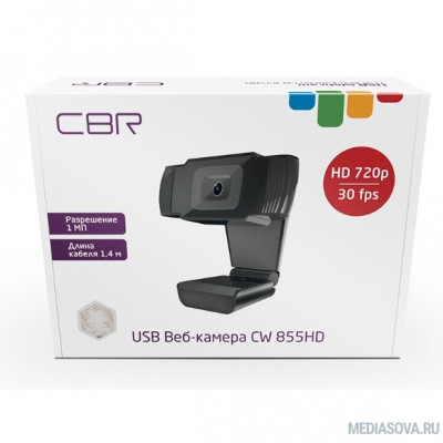  CBR CW 855HD Black, Веб-камера с матрицей 1 МП, разрешение видео 1280х720, USB 2.0, встроенный микрофон с шумоподавлением, фикс.фокус, крепление на мониторе, длина кабеля 1,4 м, цвет чёрный