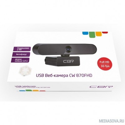  CBR CW 870FHD Black, Веб-камера с матрицей 2 МП, разрешение видео 1920х1080, USB 2.0, встроенный микрофон с шумоподавлением, автофокус, крепление на мониторе, длина кабеля 1,8 м, цвет чёрный