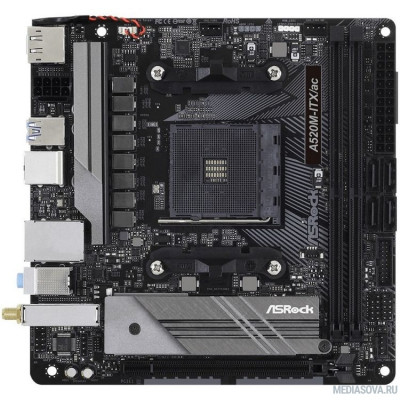 Материнская плата Материнская плата ASROCK A520M-ITX/AC RTL AMD A520, сокет: AM4, слоты: 2 слота DDR4 DIMM (2133 - 4733 МГц), SATA: 6 Гбит/с х4, A520M-ITX/AC