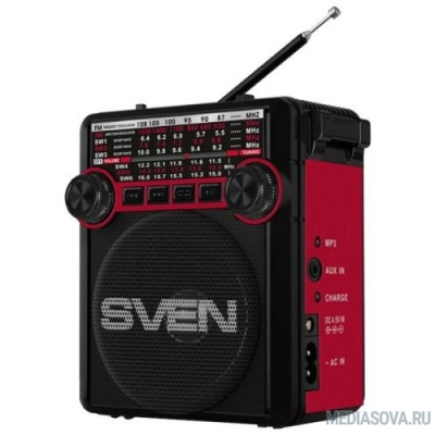  SVEN SRP-355, красный, радиоприемник, мощность 3 Вт (RMS), FM/AM/SW, USB, SD/microSD, фонарь, встроенный аккумулятор