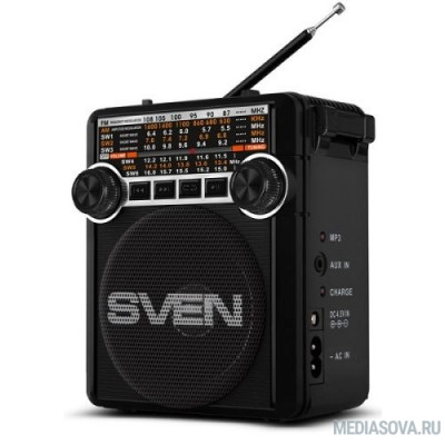  SVEN SRP-355, черный, радиоприемник (мощность 3 Вт (RMS), FM/AM/SW, USB, SD/microSD, фонарь, встроенный аккумулятор)