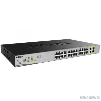  D-Link DGS-1026MP/B1A Неуправляемый коммутатор с 24 портами 10/100/1000Base-T, 2 комбо-портами 100/1000Base-T/SFP и функцией энергосбережения (24 порта PoE 802.3af/at (30 Вт), PoE-бюджет 370 Вт)