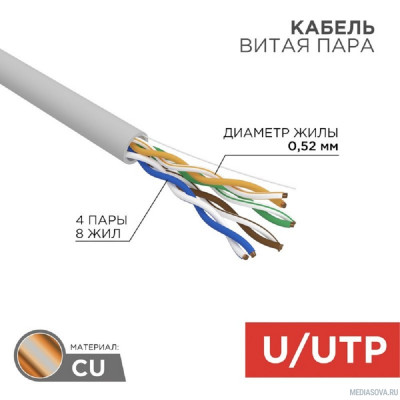  Rexant (02-0004) Кабель витая пара, U/UTP, CAT 5e, ZH нг(А)-HF, 4х2х0,52мм, 24AWG, INDOOR, SOLID, серый, 305м PRO